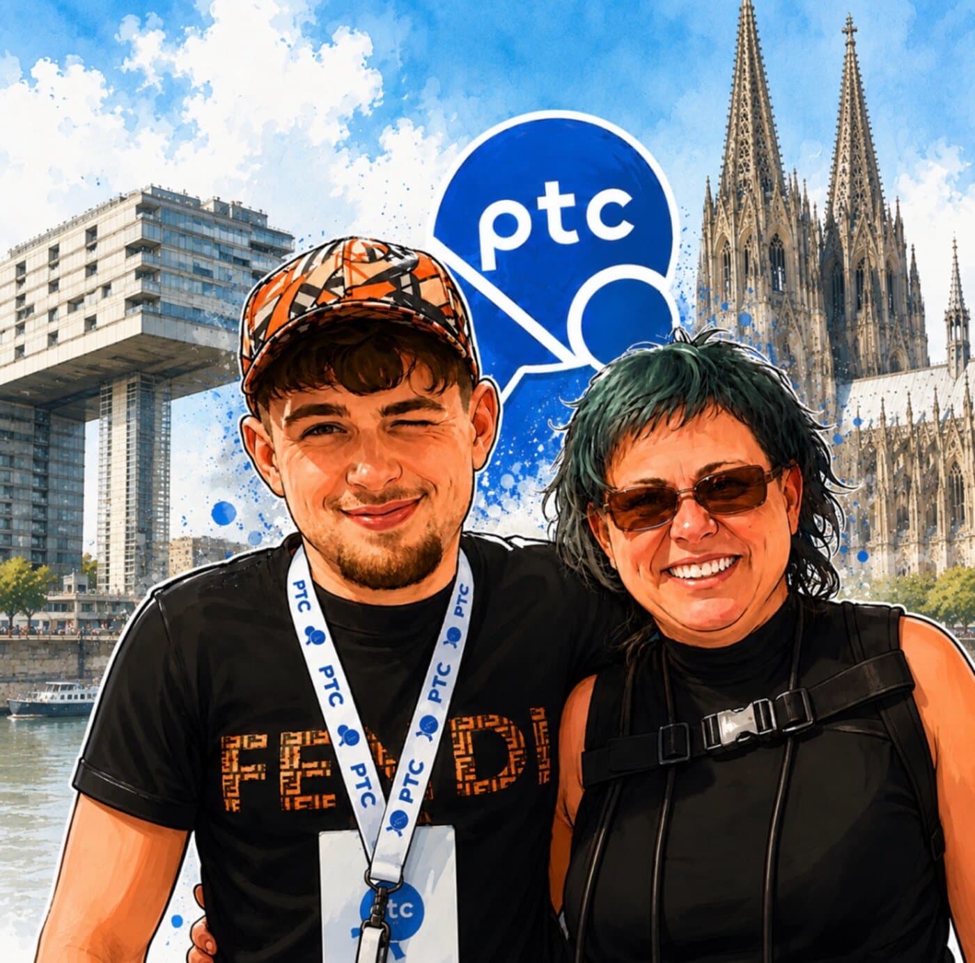 Emil und Sam vor Kölner Dom und Kranhäusern - das ptc-Team